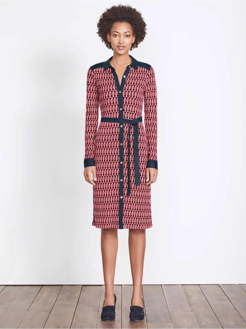 Boden Long-Sleeve Orange Navy Geometric Jersey Knit Shirt Dress Contrast Trim 12